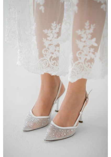 Mora Taşlı Saten Abiye Ayakkabı Beyaz fiyatları