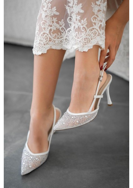 Mora Taşlı Saten Abiye Ayakkabı Beyaz modelleri