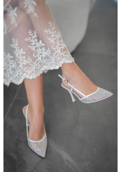 Mora Taşlı Saten Abiye Ayakkabı Beyaz indirimleri