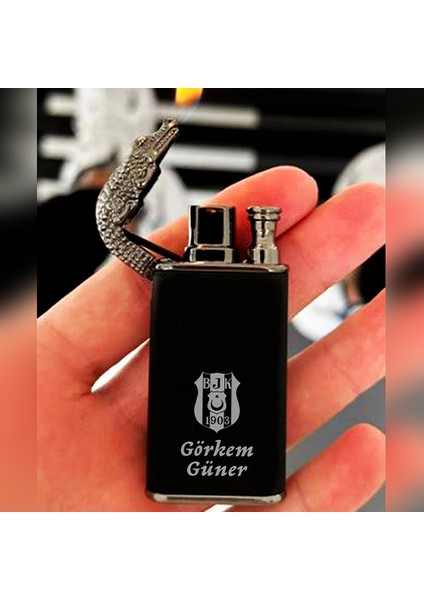 Kişiye Özel Isimli Timsah Başlı Çift Yanmalı Gazlı Siyah Çakmak Takım Baskılı