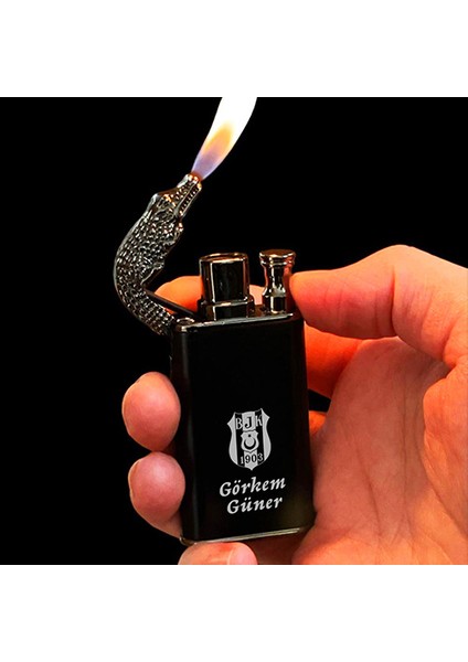 Kişiye Özel Isimli Timsah Başlı Çift Yanmalı Gazlı Siyah Çakmak Takım Baskılı fiyatları