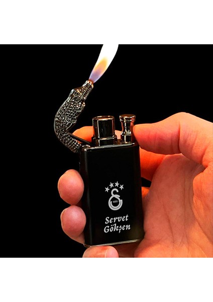 Kişiye Özel Isimli Timsah Başlı Çift Yanmalı Gazlı Siyah Çakmak Takım Baskılı fiyatları