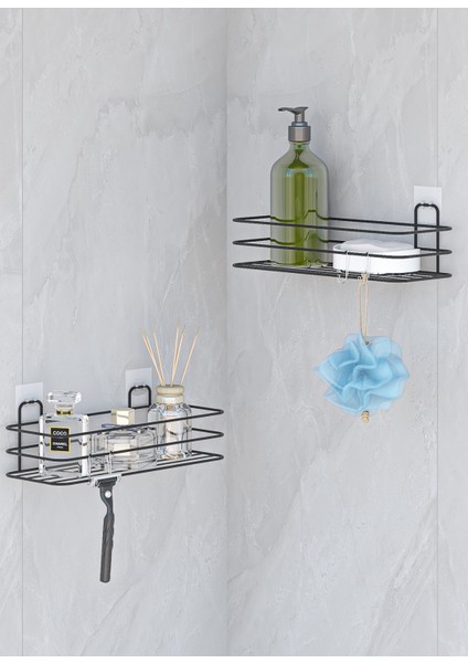 Yapışkanlı Banyo Düzenleyici 2 Adet Banyo Rafı Şampuanlık Sabunluk Mat Siyah Duş Askısı Rafı