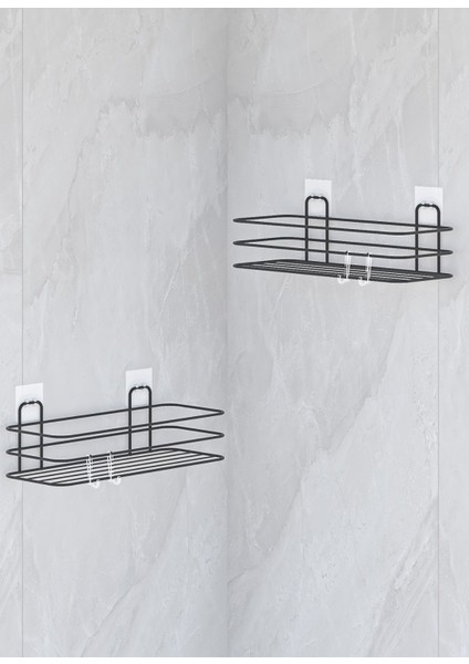 Yapışkanlı Banyo Düzenleyici 2 Adet Banyo Rafı Şampuanlık Sabunluk Mat Siyah Duş Askısı Rafı