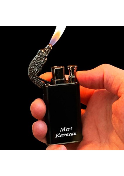 Kişiye Özel Isimli Timsah Başlı Çift Yanmalı Gazlı Siyah Çakmak Isim Baskılı