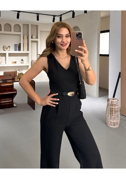 Premium Seri V Yaka Kemerli Siyah Krep Tulum