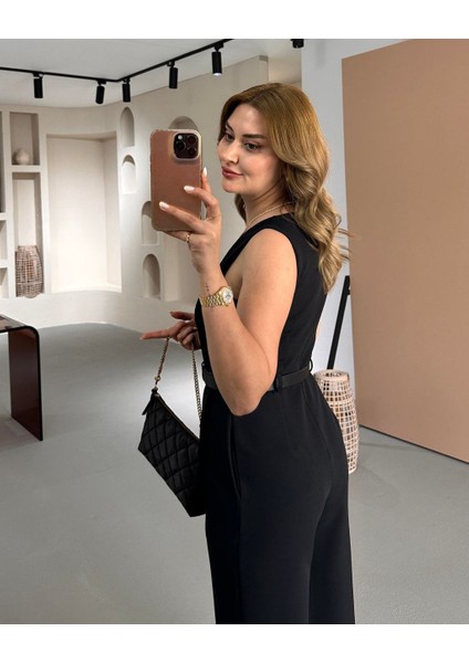 Premium Seri V Yaka Kemerli Siyah Krep Tulum fiyatları