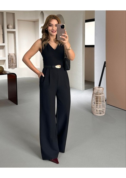 Premium Seri V Yaka Kemerli Siyah Krep Tulum modelleri