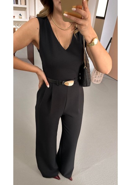 Premium Seri V Yaka Kemerli Siyah Krep Tulum fırsatları