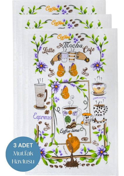3lü Paket Baskılı Beyaz Mutfak Havlusu Modeli
