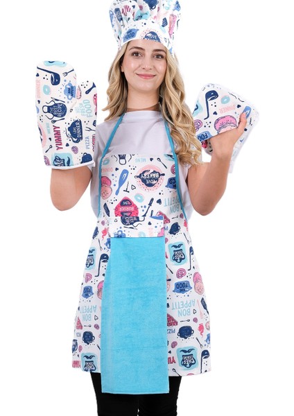 Damla 5li Set Sıvı Geçirmez Su Geçirmez Mutfak Önlüğü Seti (Şapka, Eldiven, Tutacak)