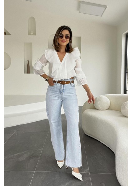 Kar Yıkama Beli Dikişsiz Pantolon Buz Mavi