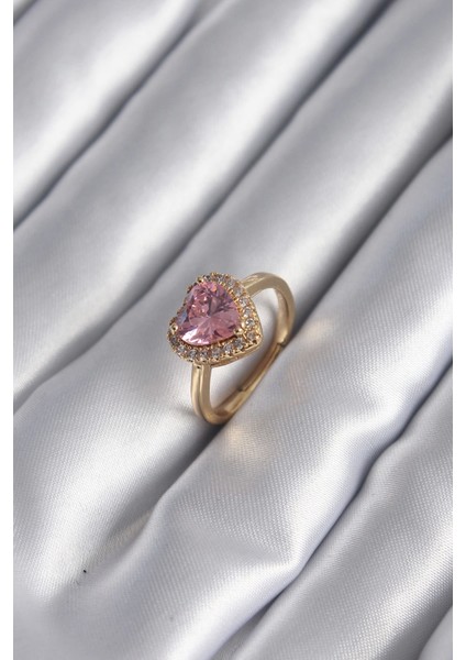 Pirinç Gold Renk Pembe Zirkon Taş Kalp Charm Model Kadın Yüzük