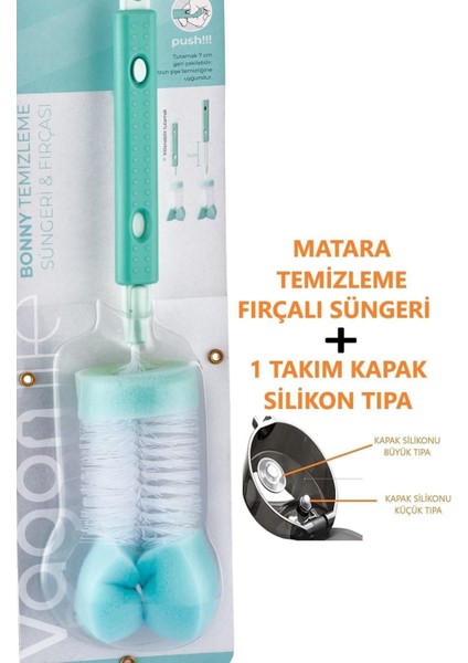Kapak Içi Yedek Silikon Tıpa Takımı + -Ve- Matara /termos Temizleme Fırçalı Süngeri