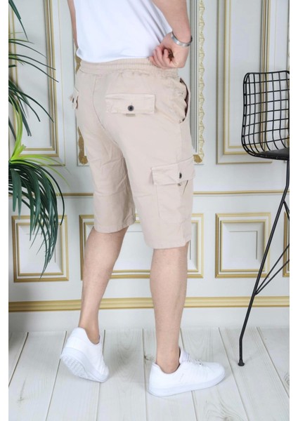 Erkek Krem Likralı Gabardin Şort Kargo Cepli Pamuklu Beli Lastikli Bağcıklı Basic Şort