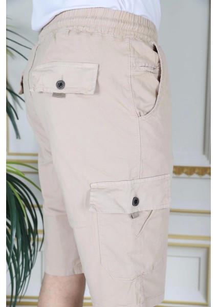 Erkek Krem Likralı Gabardin Şort Kargo Cepli Pamuklu Beli Lastikli Bağcıklı Basic Şort