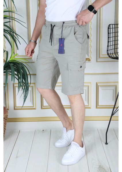 Erkek Su Yeşili Likralı Gabardin Şort Kargo Cepli Pamuklu Beli Lastikli Bağcıklı Basic Şort