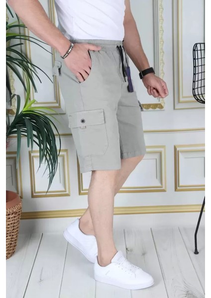 Erkek Su Yeşili Likralı Gabardin Şort Kargo Cepli Pamuklu Beli Lastikli Bağcıklı Basic Şort fırsatları