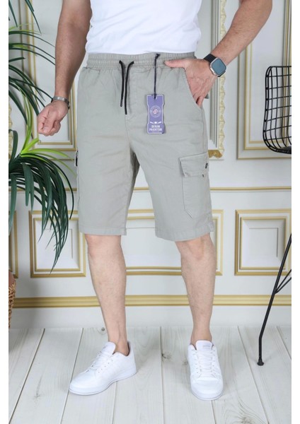 Erkek Su Yeşili Likralı Gabardin Şort Kargo Cepli Pamuklu Beli Lastikli Bağcıklı Basic Şort indirimleri
