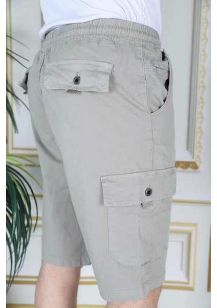 Erkek Su Yeşili Likralı Gabardin Şort Kargo Cepli Pamuklu Beli Lastikli Bağcıklı Basic Şort