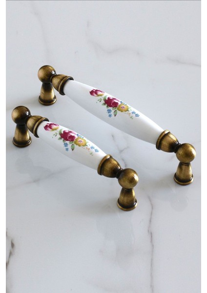 Zarif Çiçekli Lux Porselen Dolap Çekmece Mobilya Mutfak Kulp - 96 mm Antik Sarı (4 Adet)