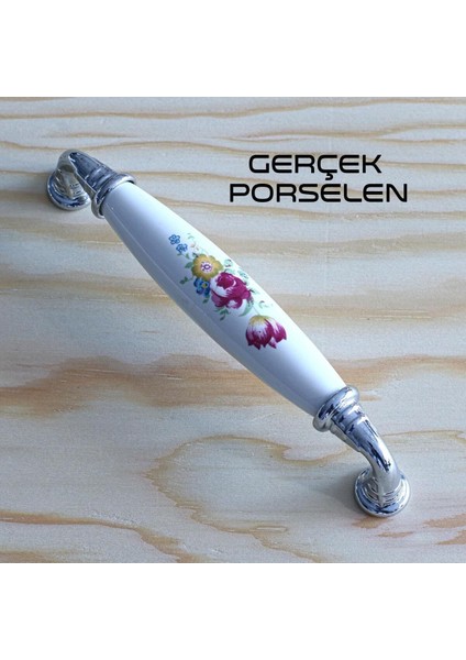 Zarif Çiçekli Lux Porselen Dolap Çekmece Mobilya Mutfak Kulp - 96 mm Krom (1 Adet)