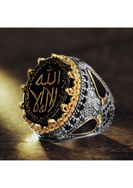 925 Ayar Gümüş Oniks Taş Üzeri La Ilahe Illallah Yazılı Dualı Erkek Yüzük