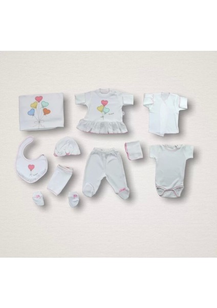 Kalpli Uçan Balon Nakışlı 10LU Zıbın Takımı Hastane Çıkışı Ekru