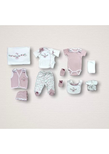 Bahar Çiçekleri Nakışlı 10LU Zıbın Takımı Hastane Çıkışı Gül Kurusu