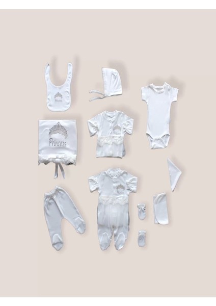 Taçlı Prensesim Nakışlı 10LU Zıbın Takımı Hastane Çıkışı Ekru