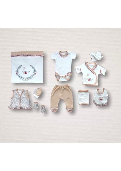 Erguvan Taç Nakışlı Kız Bebek 10LU Zıbın Takımı Hastane Çıkışı Nar Çiçeği