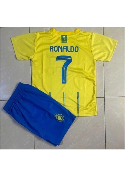 Cristiano Ronaldo Al-Nasr 24/25 Sezon Iç Saha Sarı-Mavi Çocuk Forma T-Shrt Takımı Çorap+Bileklik Yanında modelleri
