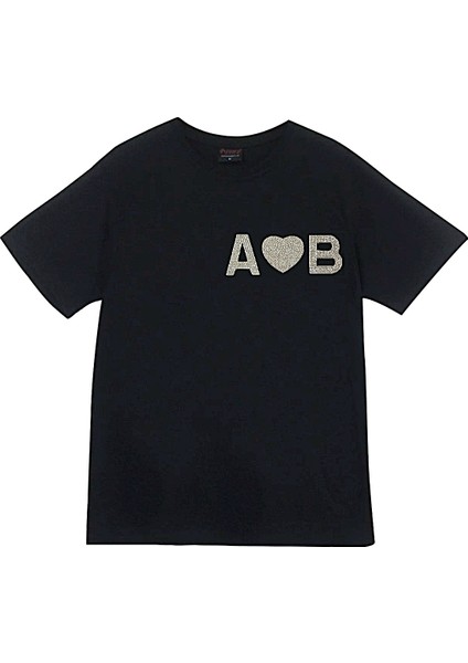 Kalp Kristal Taşlı - Harfli - Isimli - Kişiye Özel - Siyah Kalite T-Shirt / En Güzel Hediye