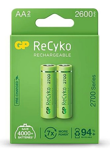 Gp 2600 R6 Aa Kalem Şarjlı Pil 2li Bls Paket Recyko Yeşil