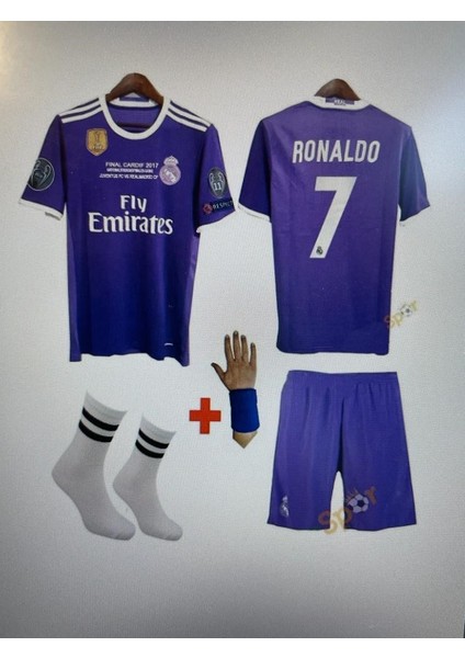 Cristiano Ronaldo Real. Madrid 2017 Mor Cardif Ligi Çocuk Forma T-Shrt Takımı Çorap+Bileklik Yanında