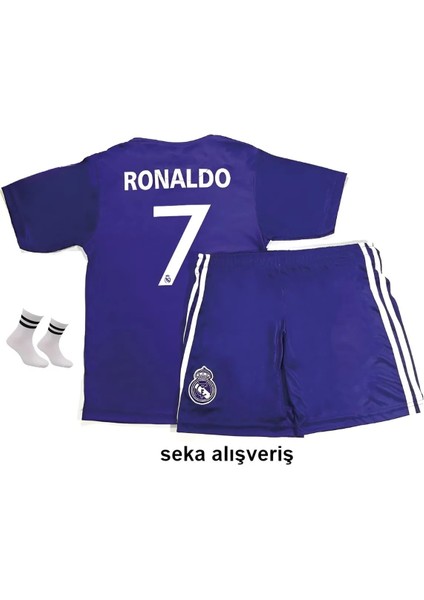 Cristiano Ronaldo Real. Madrid 2017 Mor Cardif Ligi Çocuk Forma T-Shrt Takımı Çorap+Bileklik Yanında