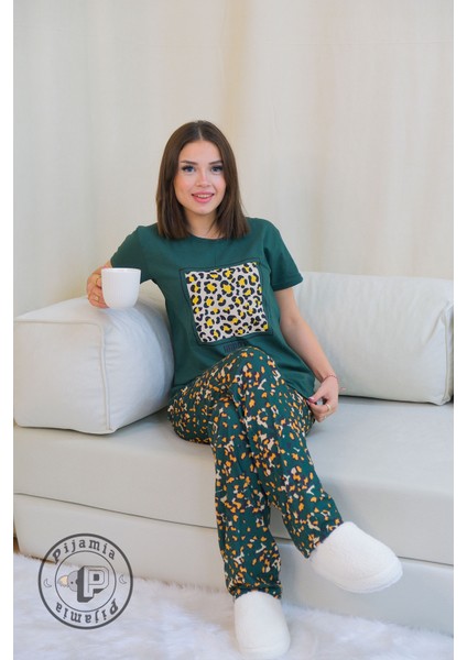 Yeşil Animal Print Desenli Kısa Kol Kadın Pijama Takımı fiyatları