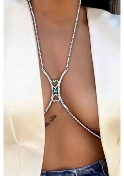 Gümüş Renk Kalp Figürlü Taşlı Tasarım Vücut Aksesuarı