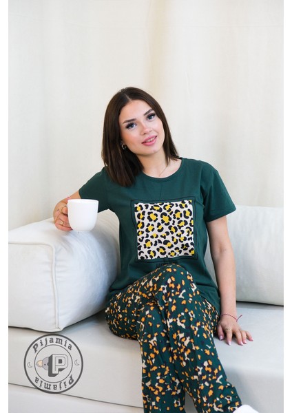 Yeşil Animal Print Desenli Kısa Kol Kadın Pijama Takımı modelleri