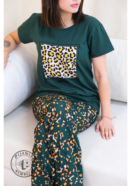 Yeşil Animal Print Desenli Kısa Kol Kadın Pijama Takımı
