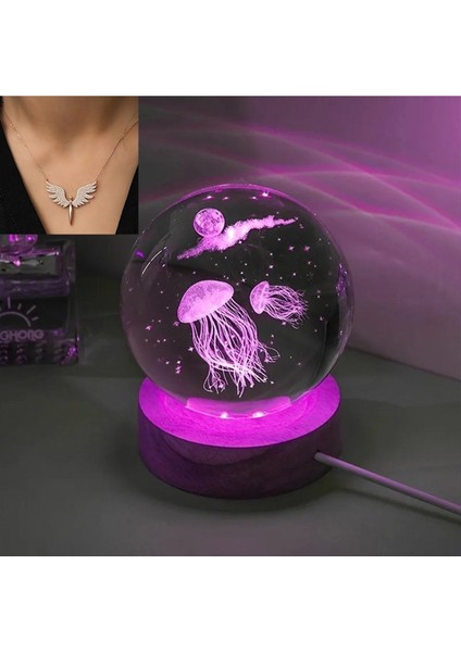 Işıklı Ahşap Kaideli Deniz Anası Temalı Cam Küre 8cm*6cm ve Melek Kolye