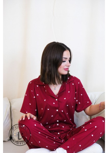 Bordo Kalp Desenli Düğmeli Kısa Kol Kadın Pijama Takımı