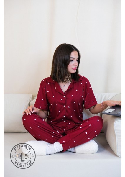 Bordo Kalp Desenli Düğmeli Kısa Kol Kadın Pijama Takımı fiyatları