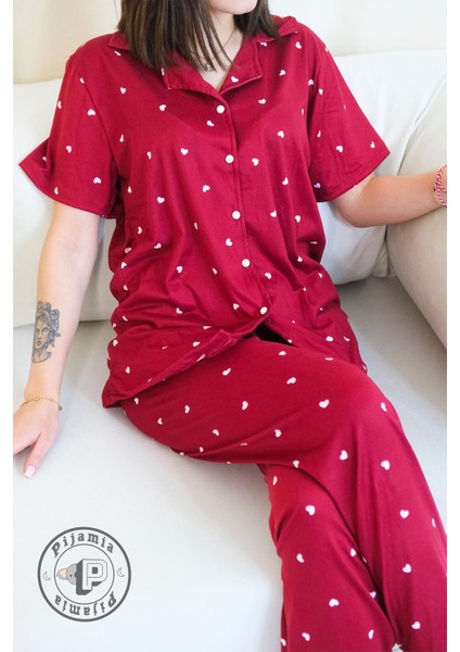 Bordo Kalp Desenli Düğmeli Kısa Kol Kadın Pijama Takımı