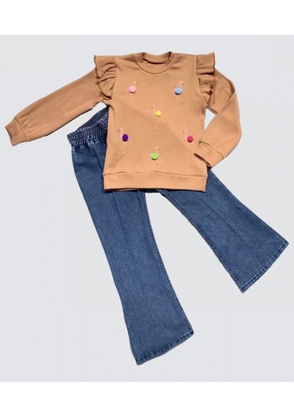 4-5-6 Yaş Kot Pantolonlu Flamingo Desenli Penye Sweat Uzun Kollu 2li Kız Çocuk Takımı Kahverengi