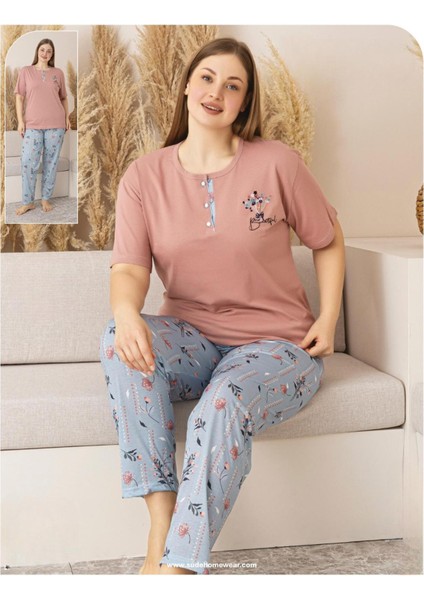 Kadın Büyük Beden Düğme Yaka Penye Kısa Kol Ince Pijama Takımı P127 - 1 Adet