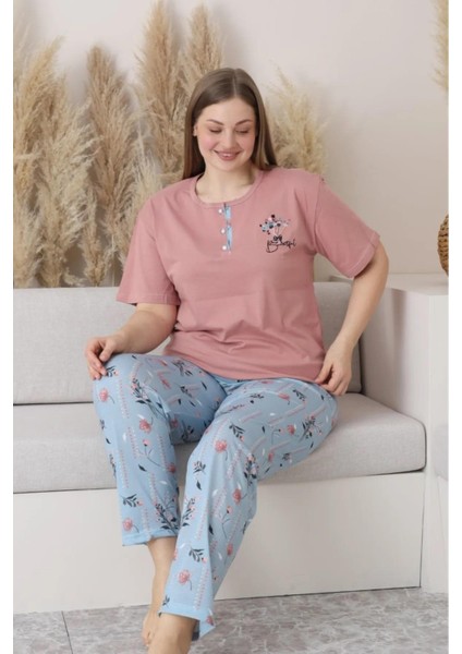 Kadın Büyük Beden Düğme Yaka Penye Kısa Kol Ince Pijama Takımı P127 - 1 Adet fiyatları