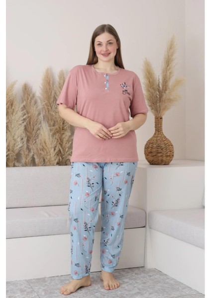 Kadın Büyük Beden Düğme Yaka Penye Kısa Kol Ince Pijama Takımı P127 - 1 Adet modelleri