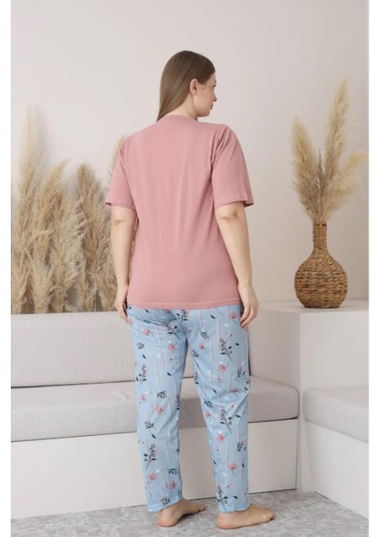 Kadın Büyük Beden Düğme Yaka Penye Kısa Kol Ince Pijama Takımı P127 - 1 Adet fırsatları