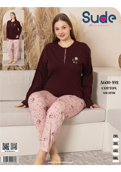 Kadın Büyük Beden Düğme Yaka Penye Uzun Kol Ince Pijama Takımı A600-492 - 1 Adet modelleri